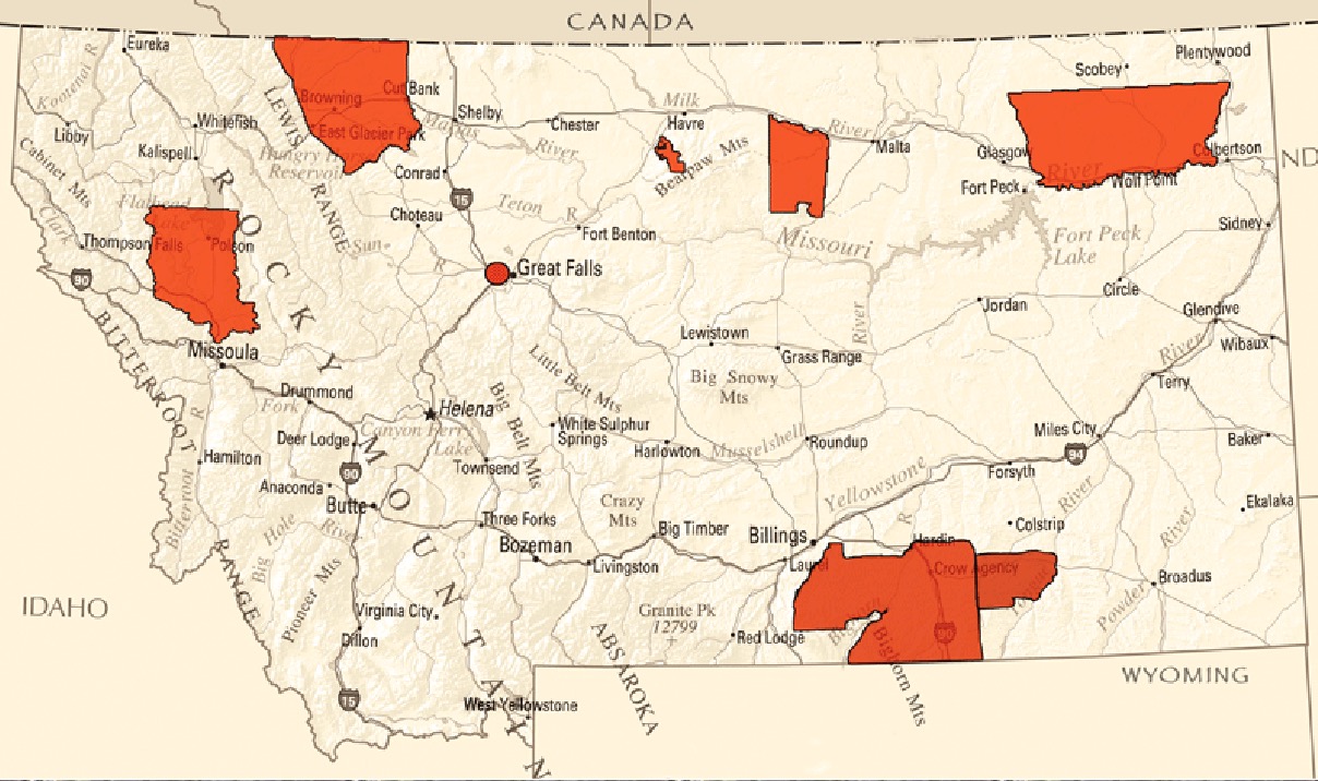 Map of Montana with seven reservation areas highlighted in red.