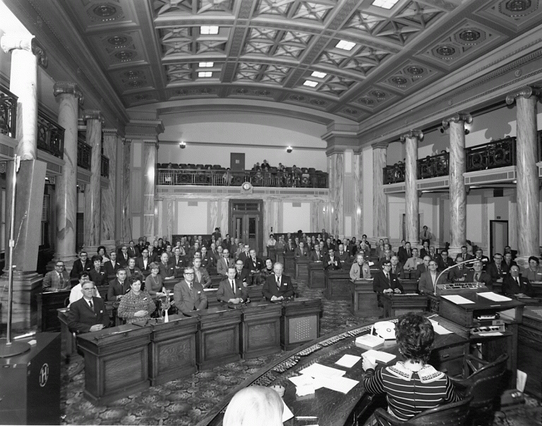 Constitutional Conventional delegates in House chambers, 1 December 1971, unidentified photographer. Montana Historical Society Photo Archives, Helena. ID No. PAC 86.15-71218.2